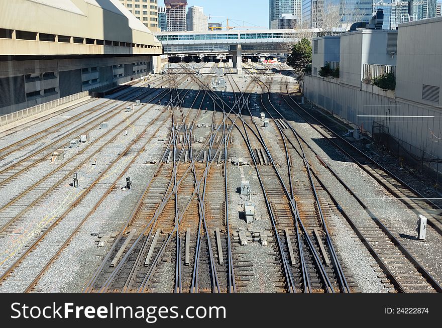 Converging railroad tracks approaching large station. Converging railroad tracks approaching large station