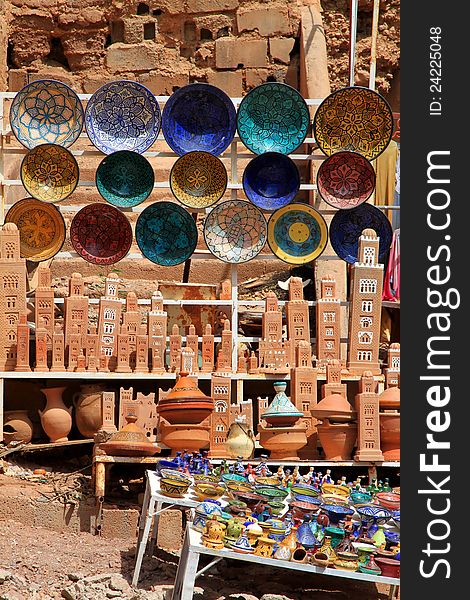 Beautiful arabic colorful pottery bowls made in the market in Morocco. Beautiful arabic colorful pottery bowls made in the market in Morocco
