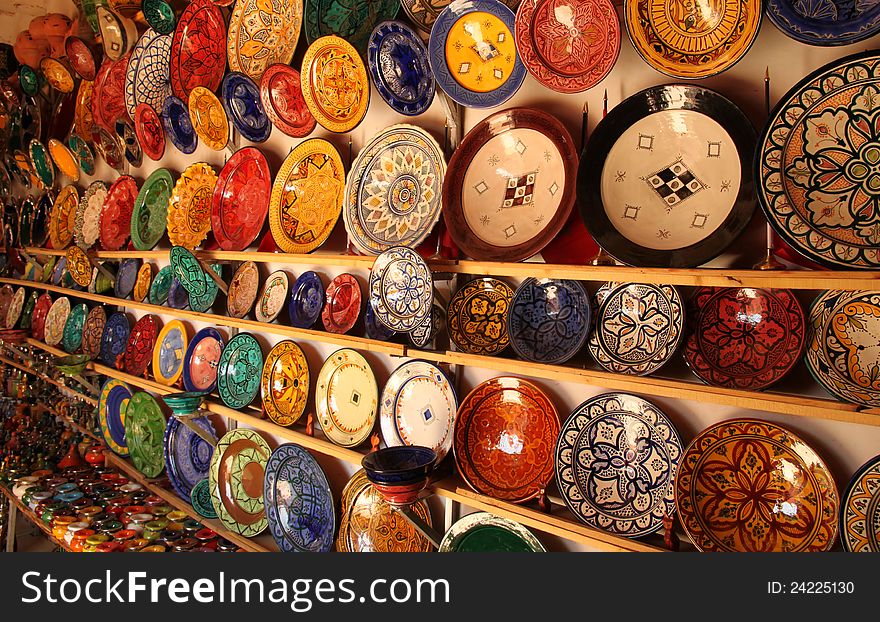 Beautiful arabic colorful pottery bowls made in the market in Morocco. Beautiful arabic colorful pottery bowls made in the market in Morocco