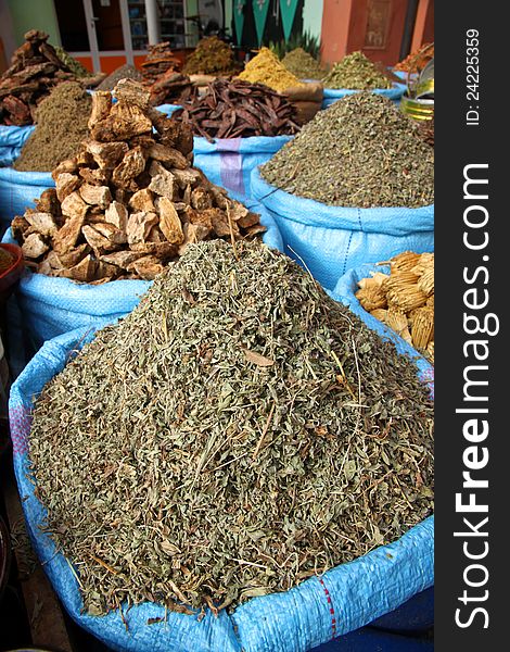 Spices for sale on a moroccac souk in Marrakesh