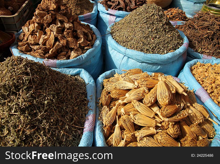 Spices for sale on a moroccac souk in Marrakesh