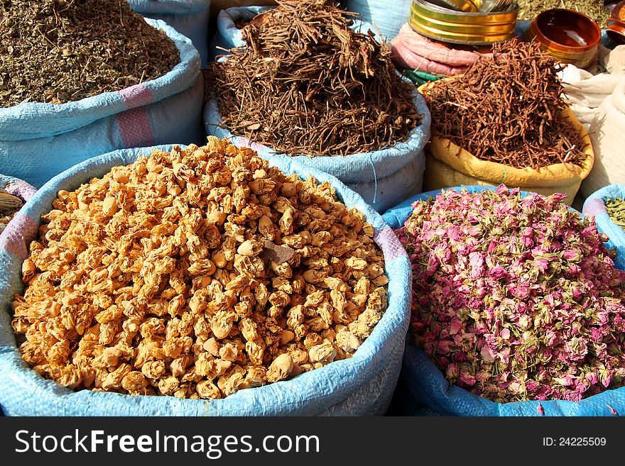 Spices for sale on a moroccac souk in Marrakesh