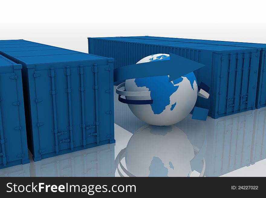 Rowd of containers with globe. 3d rendered illustration on white background. Rowd of containers with globe. 3d rendered illustration on white background.