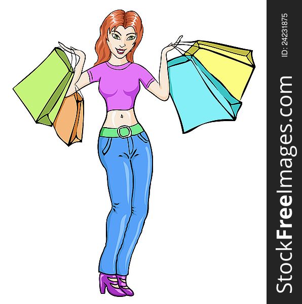 Painted a cheerful girl standing with shopping. Painted a cheerful girl standing with shopping
