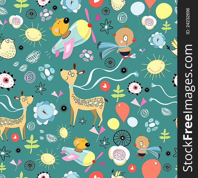 Seamless pattern of funny animals on a bright background with flowers