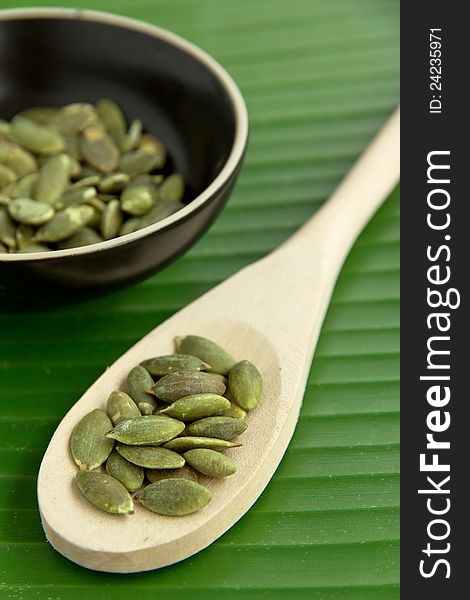 Close up image of roasted pumpkin kernels