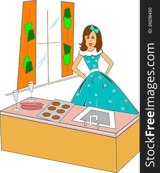 Retro mom standing in kitchen with fresh baked cookies