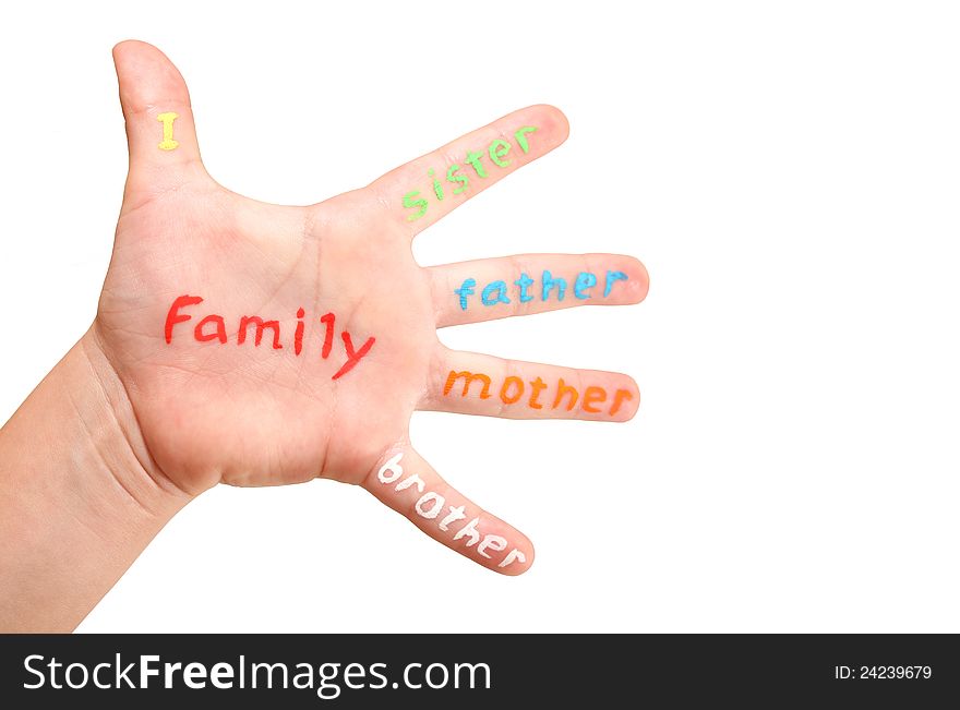 Children's hand with the words on the fingers (mother, father, brother, sister). Children's hand with the words on the fingers (mother, father, brother, sister)