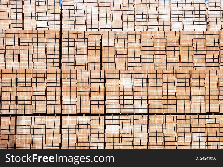 Pallets of bricks stacked in the warehouse