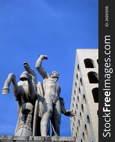 Statue on Square coliseum in Eur, Rome Italy. Photo taken at 12th of May 2009.