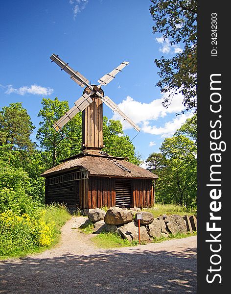 Wooden windmill in heritage park in Stockholm, Sweden
