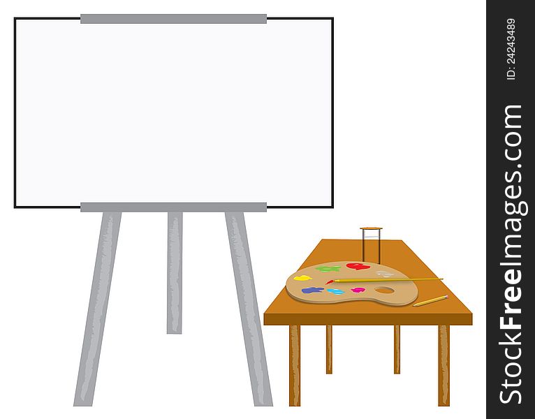 Painting on canvas, brush and easel isolated on white background.