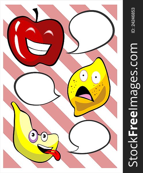 Talking apple lemon and banana with speech bubbles. Talking apple lemon and banana with speech bubbles