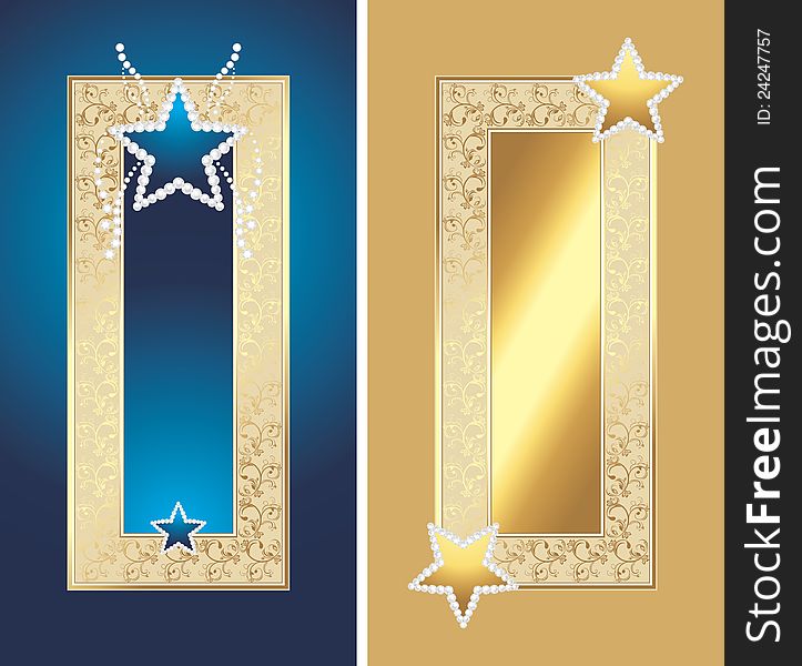 Two golden frames with shining stars. Illustration