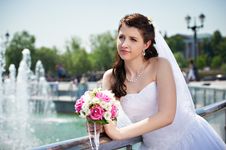 Happy Bride About Fountain With Bouquet Royalty Free Stock Photo Happy Bride About Fountain With Bouquet Royalty Free Stock Photo