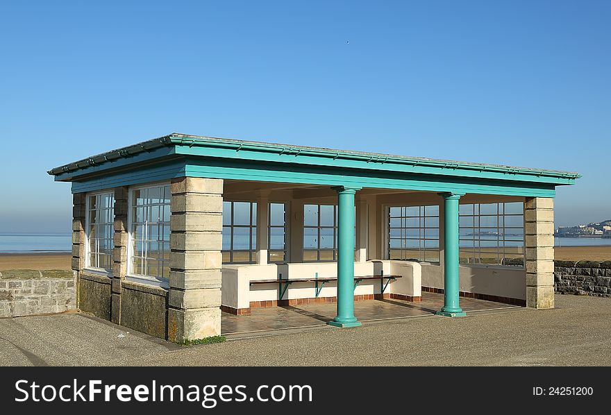 A shelter located at an English seaside resort. A shelter located at an English seaside resort