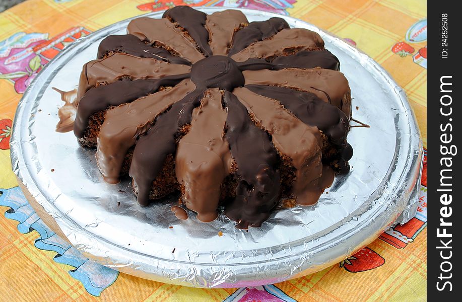 Almond cake covered with chocolate
