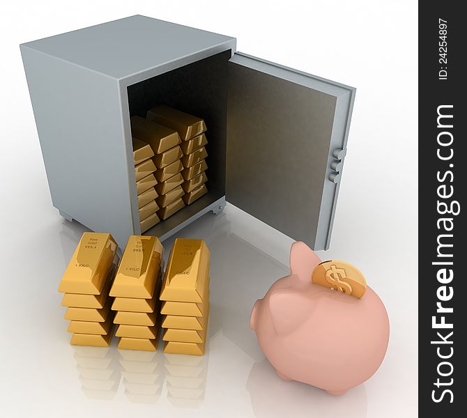 Bullions and piggy bank in a security safe