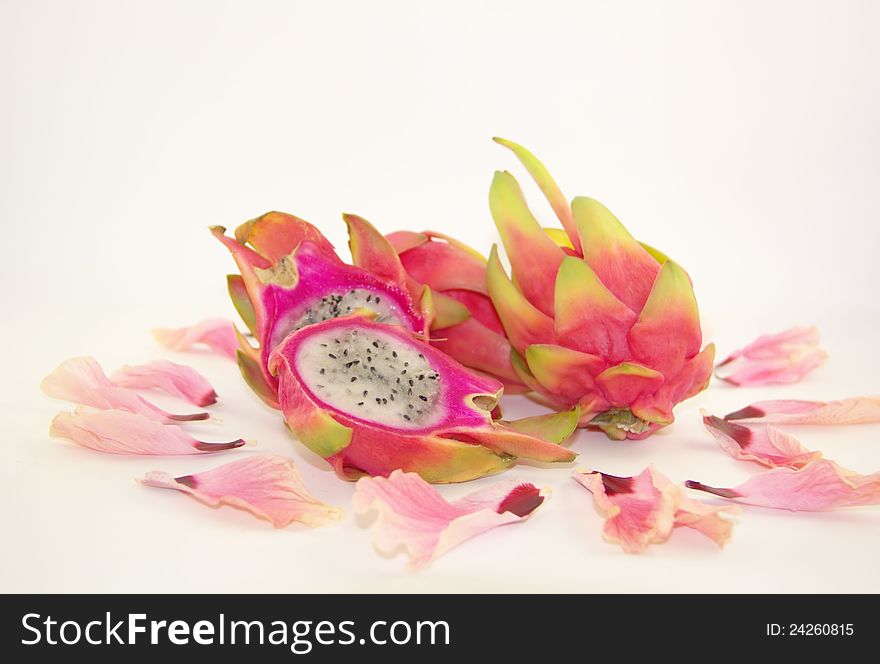 Pitaya or dragon fruits with flower petals on white. Pitaya or dragon fruits with flower petals on white