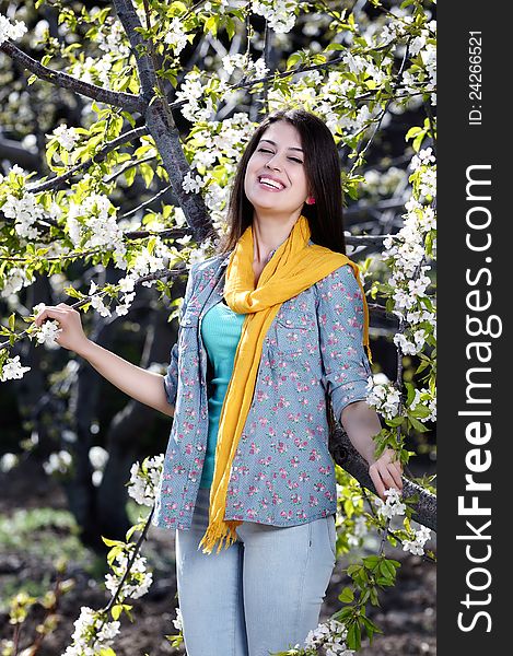The image of a beautiful young woman was blossoming cherry orchard. cherry orchard with the integrated nature of young woman work photo. The image of a beautiful young woman was blossoming cherry orchard. cherry orchard with the integrated nature of young woman work photo.