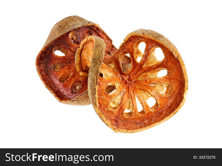 Asian herbal Tea : Sun-Dried Bael Fruit (Stone Apple), isolated on white background