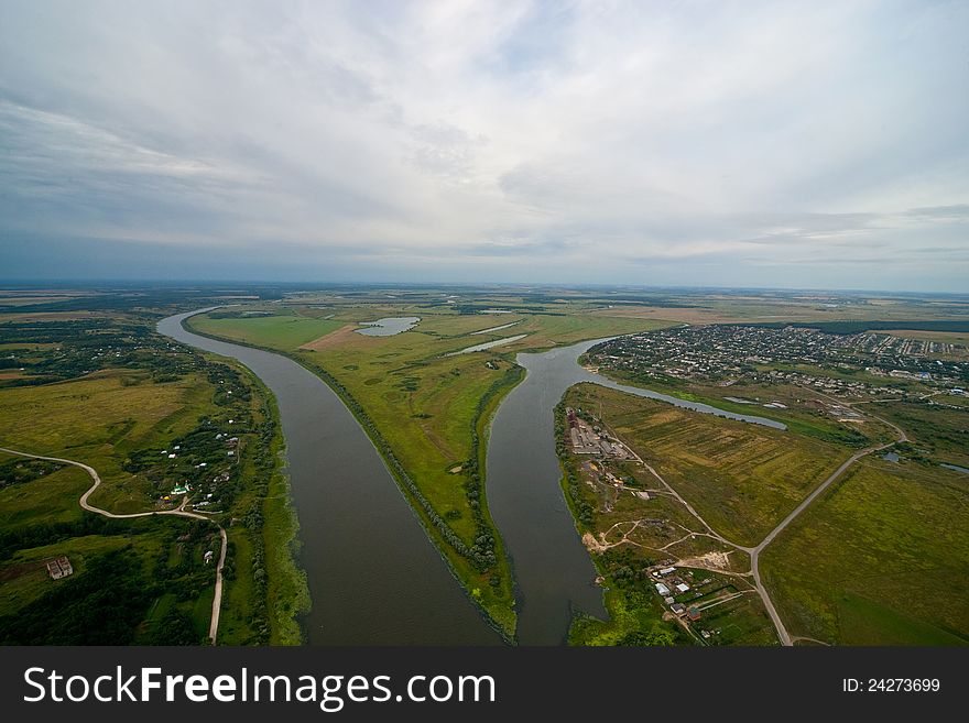 Aerial view on the river from the balloon