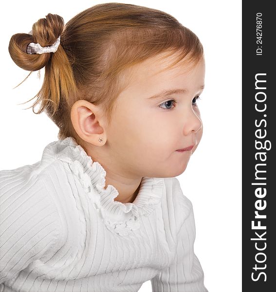 Portrait of cute little girl on white background