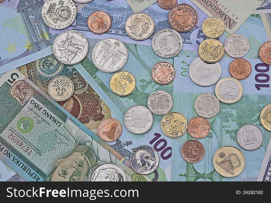 Banknotes and coins close up. Banknotes and coins close up