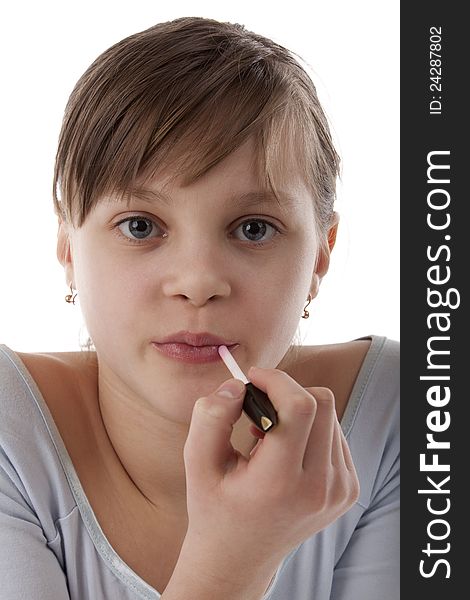 Beautiful girl with lipstick on white background