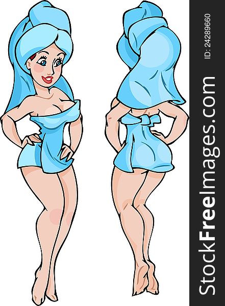 The illustration shows the girl in two positions, front and back. She dressed in a towel and light-blue turban on his head. Illustration done in cartoon style, on separate layers. The illustration shows the girl in two positions, front and back. She dressed in a towel and light-blue turban on his head. Illustration done in cartoon style, on separate layers.