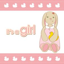 Baby Girl Arrival Card With Rabbit. Stock Photo Baby Girl Arrival Card With Rabbit. Stock Photo