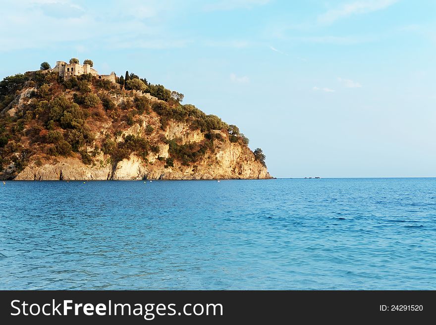 Aerial view of old castle in Parga, Greece, photo taken from the Ionio beach