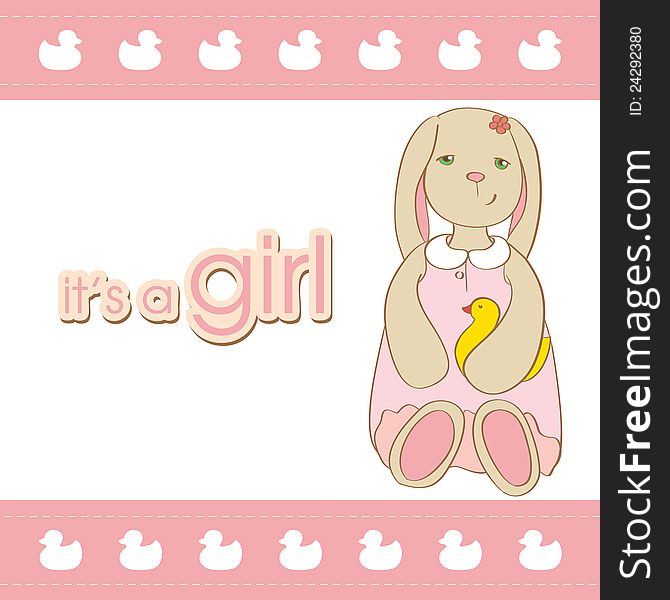 Baby girl arrival card with rabbit.
