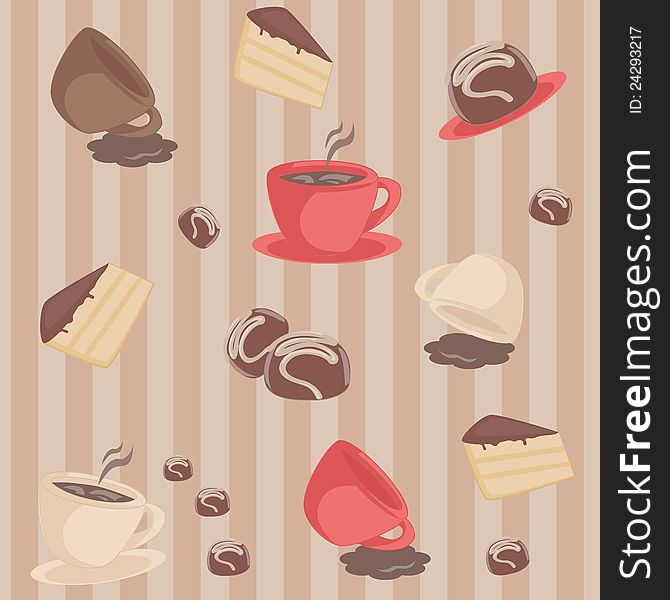 Seamless pattern with coffee cups and cakes