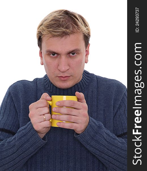 Man with cup of hot drink trying to cope with cold
