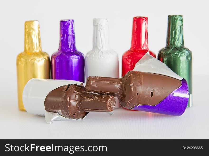Chocolate bottle-shaped  filled with liqueur flavors. Chocolate bottle-shaped  filled with liqueur flavors