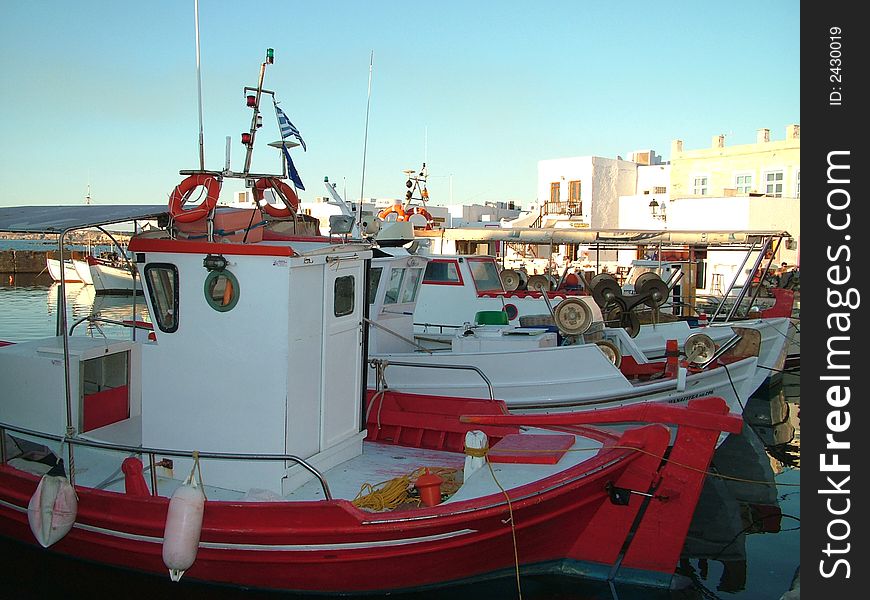 Bright Fisherboats on the coast of a Greek island