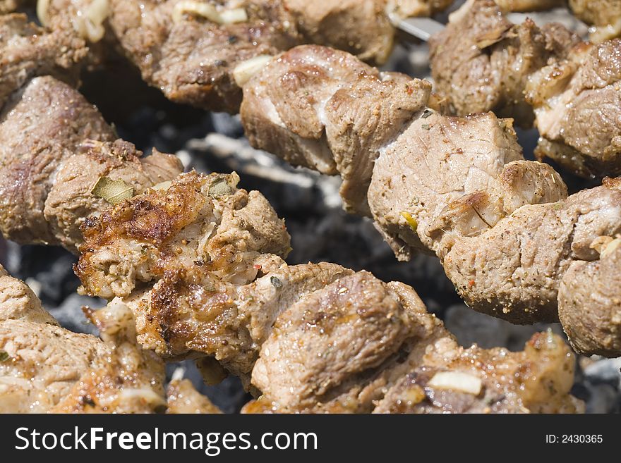 Dish consisting of small pieces of meat threaded onto skewers and grilled. Dish consisting of small pieces of meat threaded onto skewers and grilled