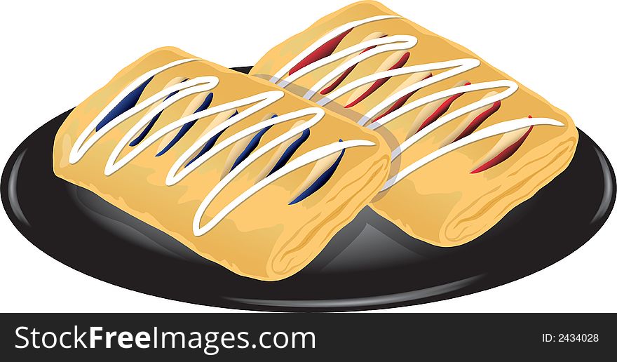 Illustration of two danishes on a black plate. Illustration of two danishes on a black plate