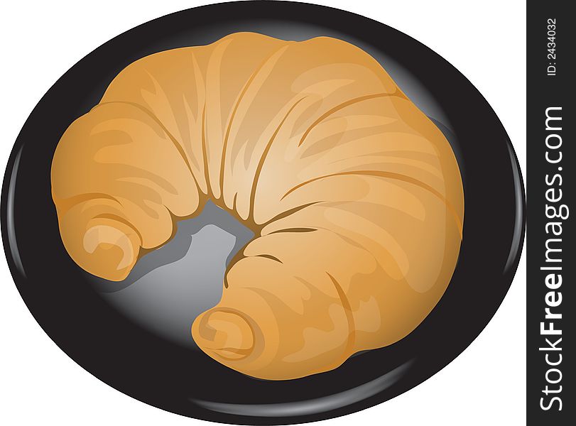 Illustration  of a croissant on a black plate. Illustration  of a croissant on a black plate