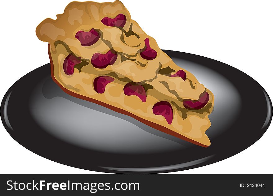 Illustration of a slice of plum cake on a black plate. Illustration of a slice of plum cake on a black plate