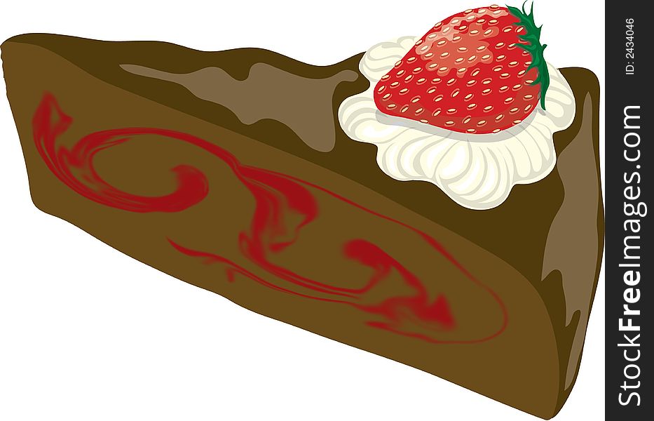 Illustration of an isolated black forest cake with a strawberry and whip cream on top.