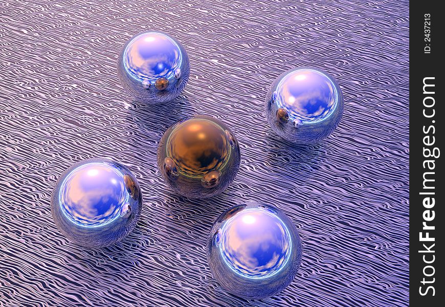 Mirror and gold spheres on a complex structure - digital artwork. Mirror and gold spheres on a complex structure - digital artwork