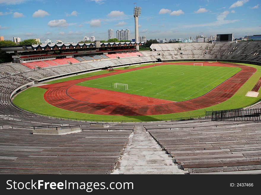 Track, field and seat of a stadium in the city