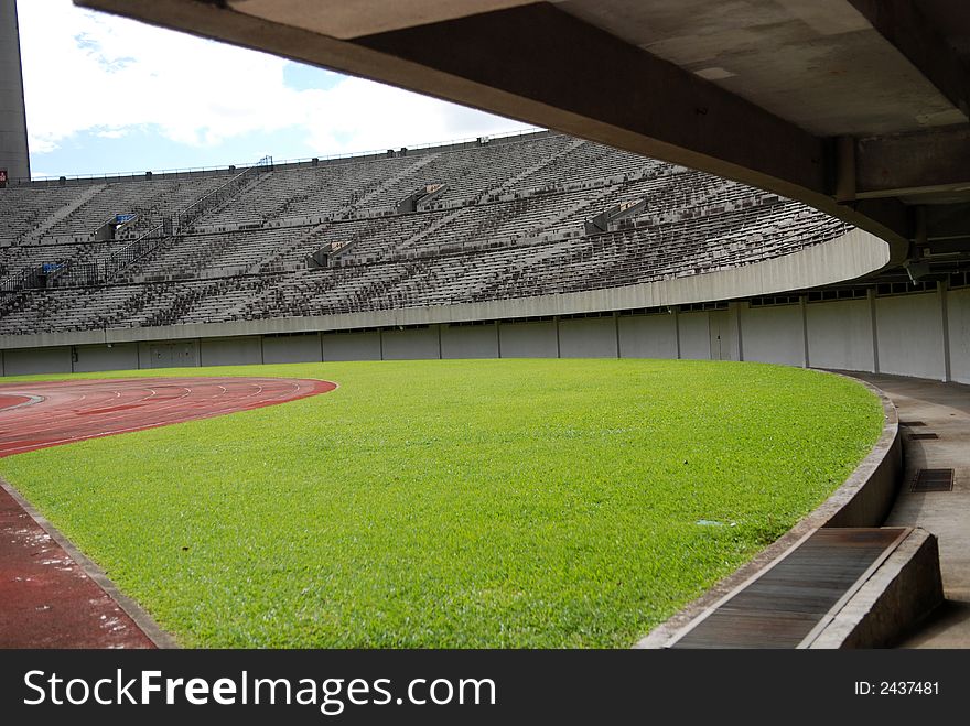 Track, field and seat of a stadium in the city