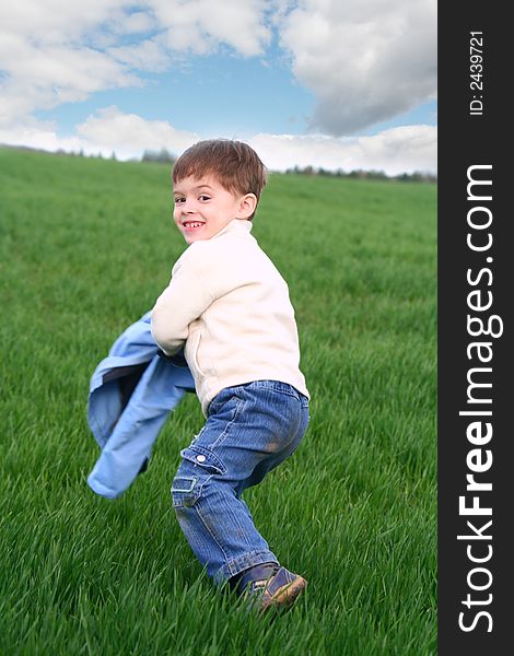 The cheerful boy on a background of a green grass and the sky