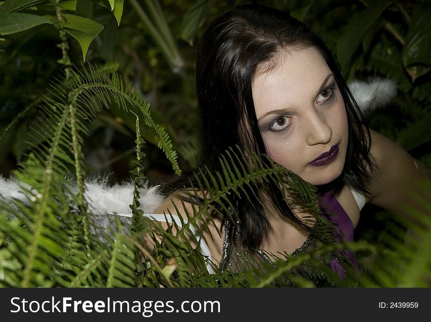 Beautiful brunette evil fairy in bush looking to the right of camera