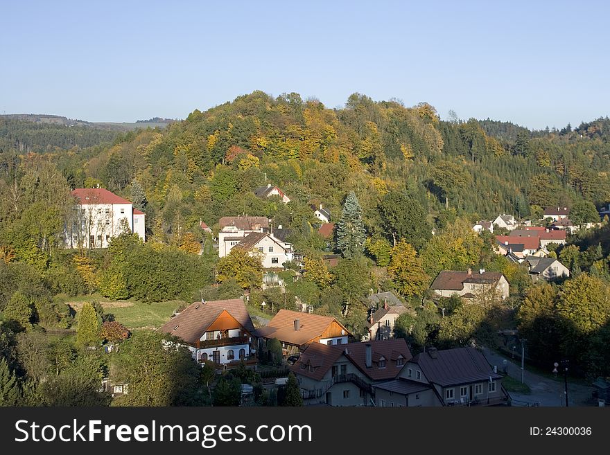 Houses around the hills with forest, nove mesto nad metuji. Houses around the hills with forest, nove mesto nad metuji