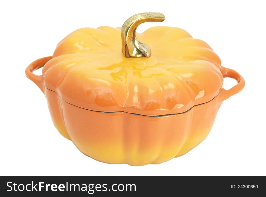 A large saucepan in a pumpkin on a white background