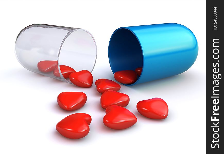 3d pill filled with red hearts (3d render). 3d pill filled with red hearts (3d render)